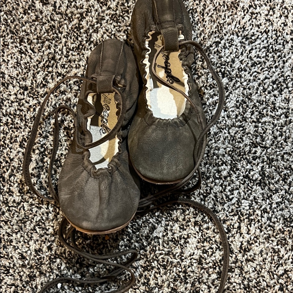 Free People Dark Brown Leather Ballet Flats with Wrap Laces